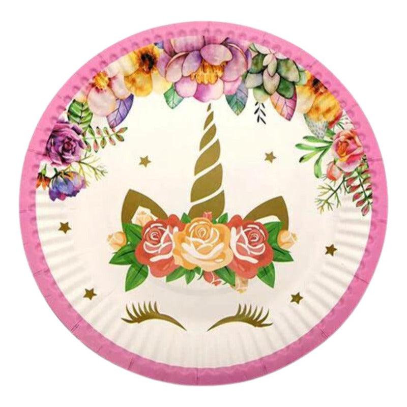 Set 6 Platos Cartón Unicornio Flor 18cm Para Cumpleaños - Louicid
