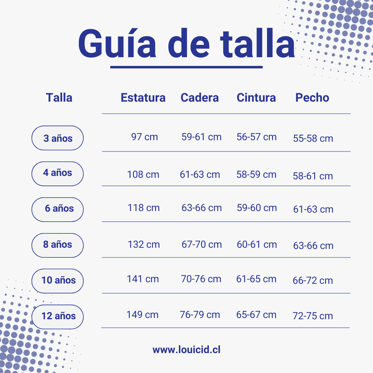 Guia de talla pillin de 3 a 12 años - Louicid