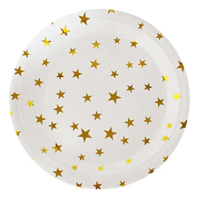 Set 6 Platos Cartón Estrellas Doradas 23cm Para Fiestas - Louicid