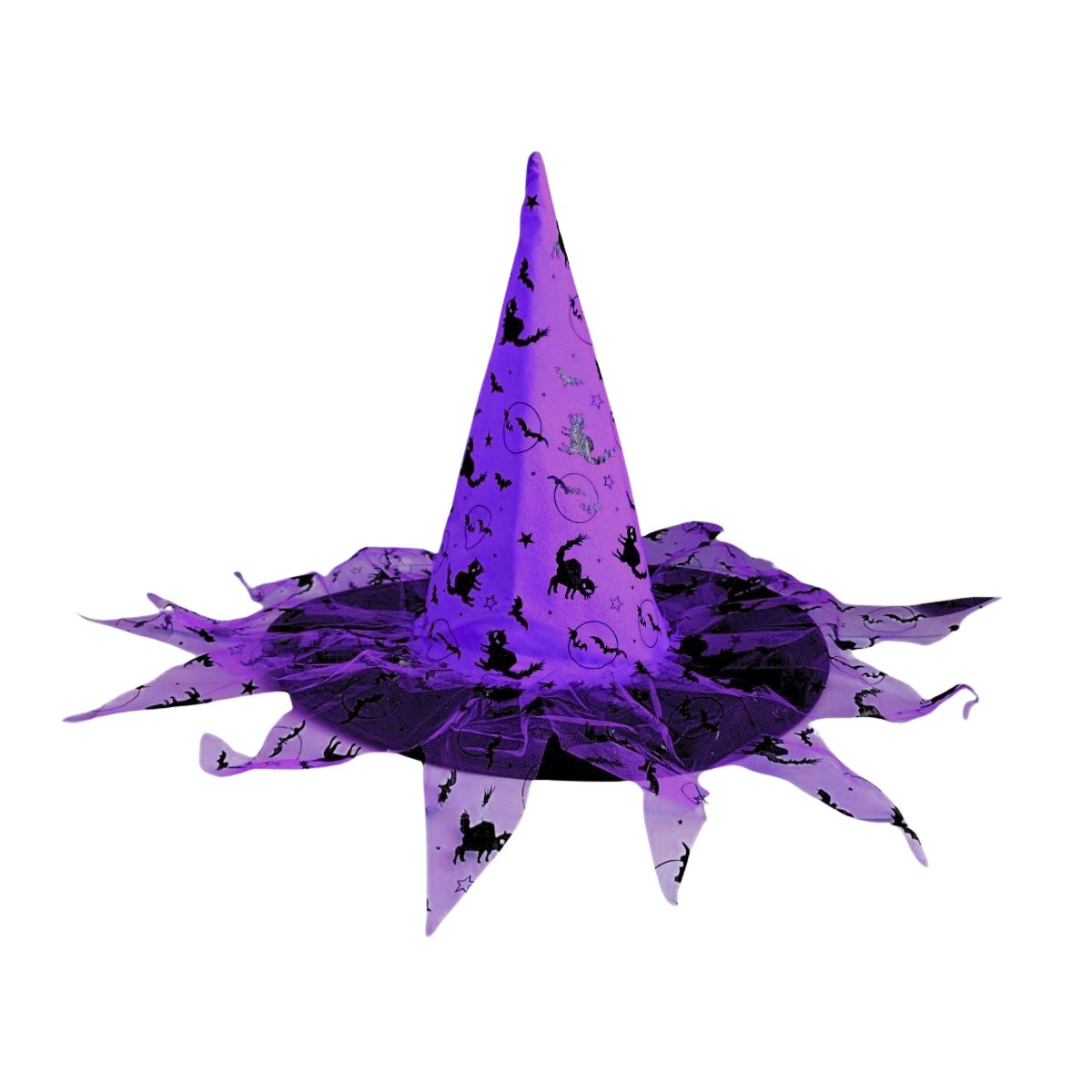 Sombrero Bruja Morado Con Velo Print Gato Frontal - Louicid