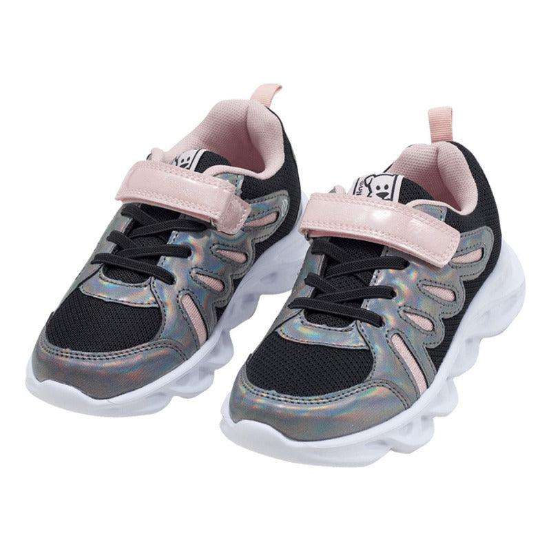 Zapatilla De Niña Velcro Elástico Con Luces Led Negro - Louicid