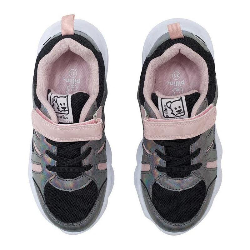 Zapatilla De Niña Velcro Elástico Con Luces Led Negro - Louicid