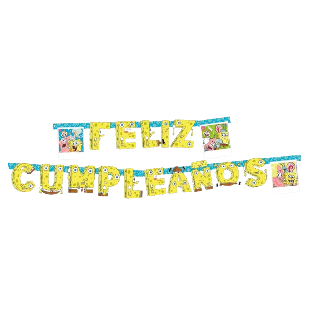 Guirnalda temática Bob Esponja completamente desplegada, perfecta para ambientar celebraciones de cumpleaños - Louicid
