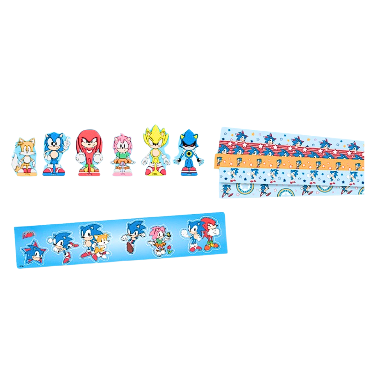 Contenido del huevo sorpresa Sonic: figura plana, stickers temáticos y cinta tape decorativa - Louicid