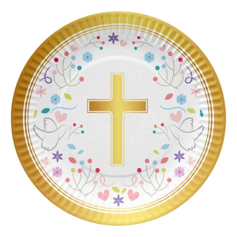 Set 6 Platos Religiosos Con Cruz Dorada Para Primera Comunión - Louicid