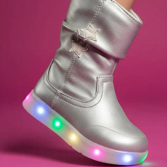 Bota Niña Gris Con Luces Fondo Rosa - Louicid