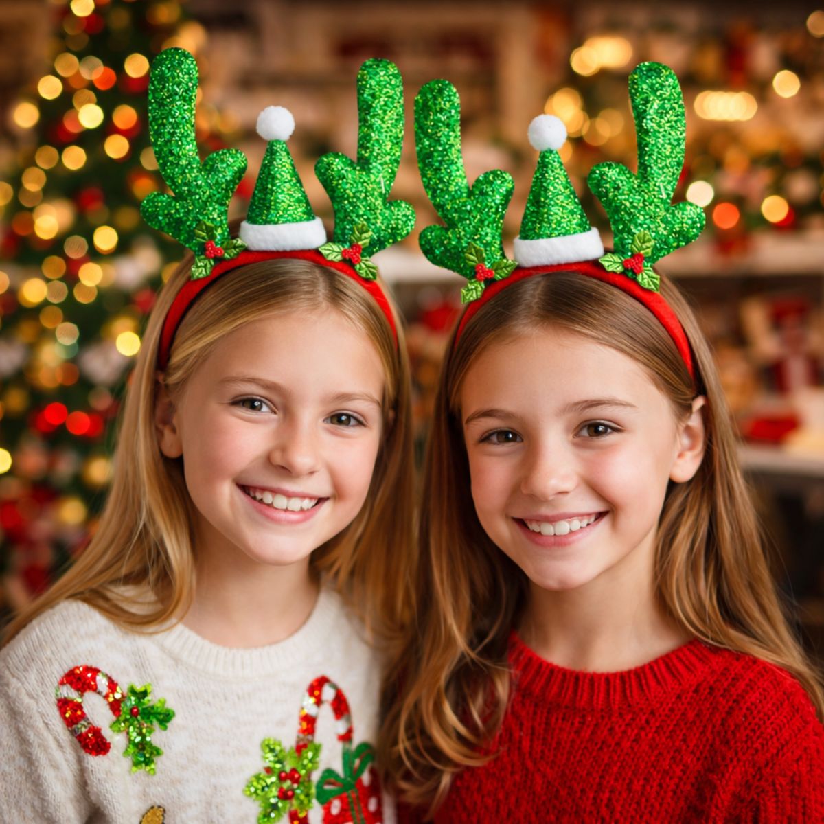 Cintillo Niña Gorrito Reno Verde Brillante Celebración Familiar - Louicid