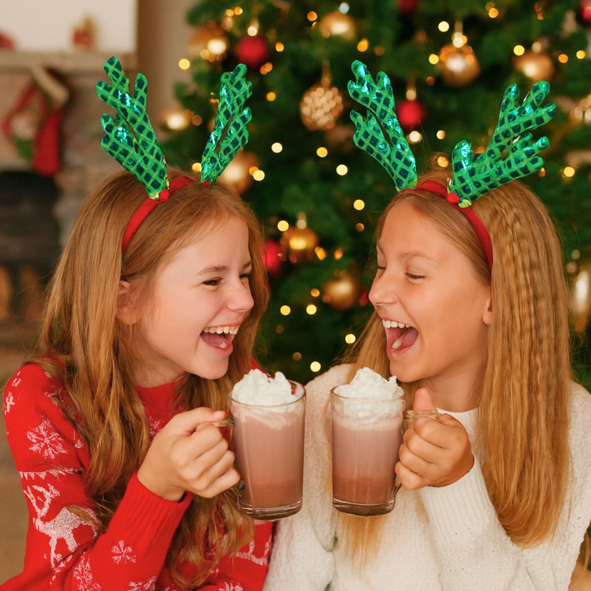 Cintillo Niña Reno Verde Brillante Navidad Celebración Familiar - Louicid