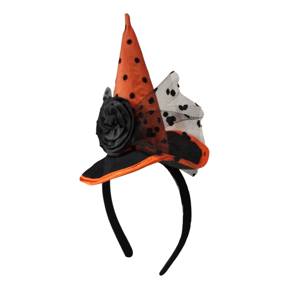 Cintillo Sombrero Bruja Velo Naranjo Lateral Halloween - Louicid