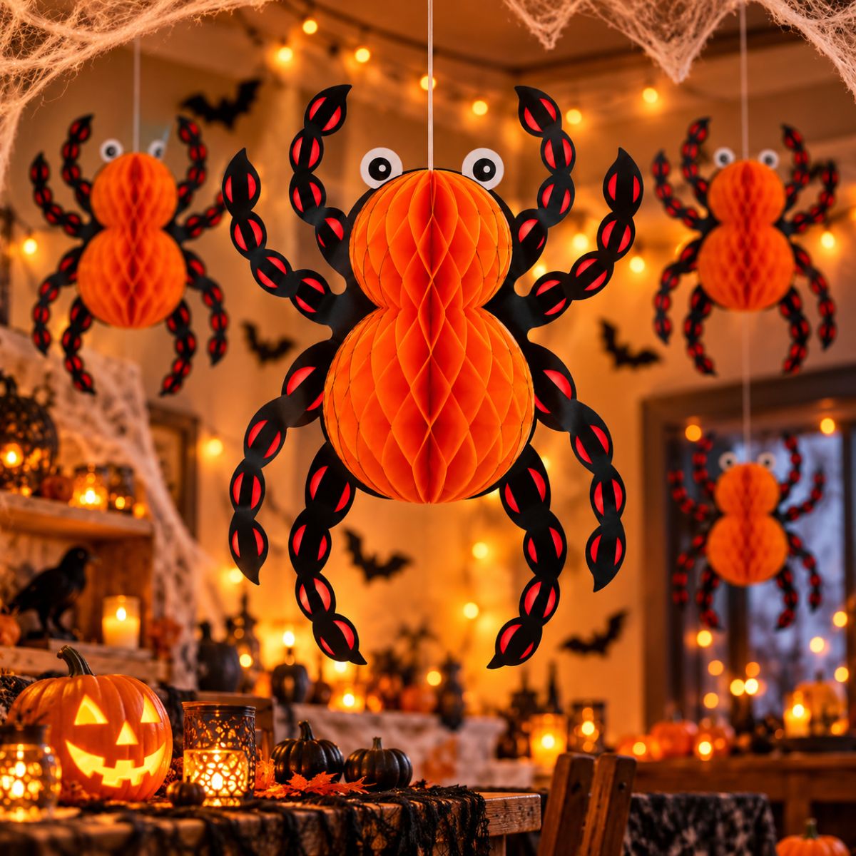 Colgante Araña Papel Naranja Decoración Halloween 33cm - Louicid