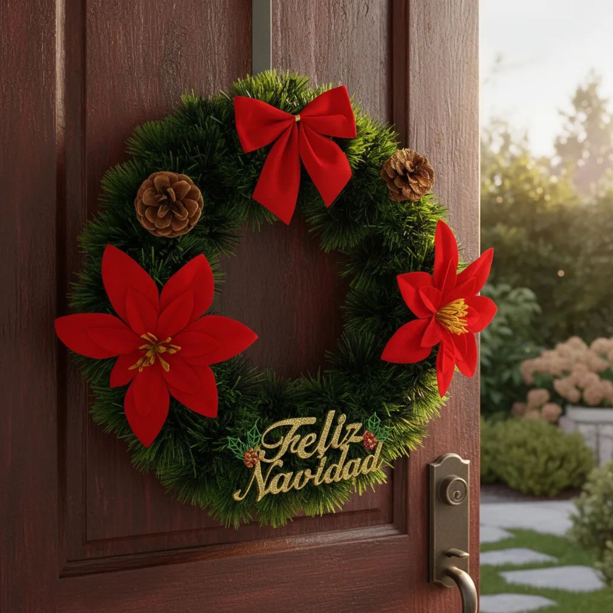 Corona Navideña Verde Con Lazo 30cm Decoración Puerta - Louicid