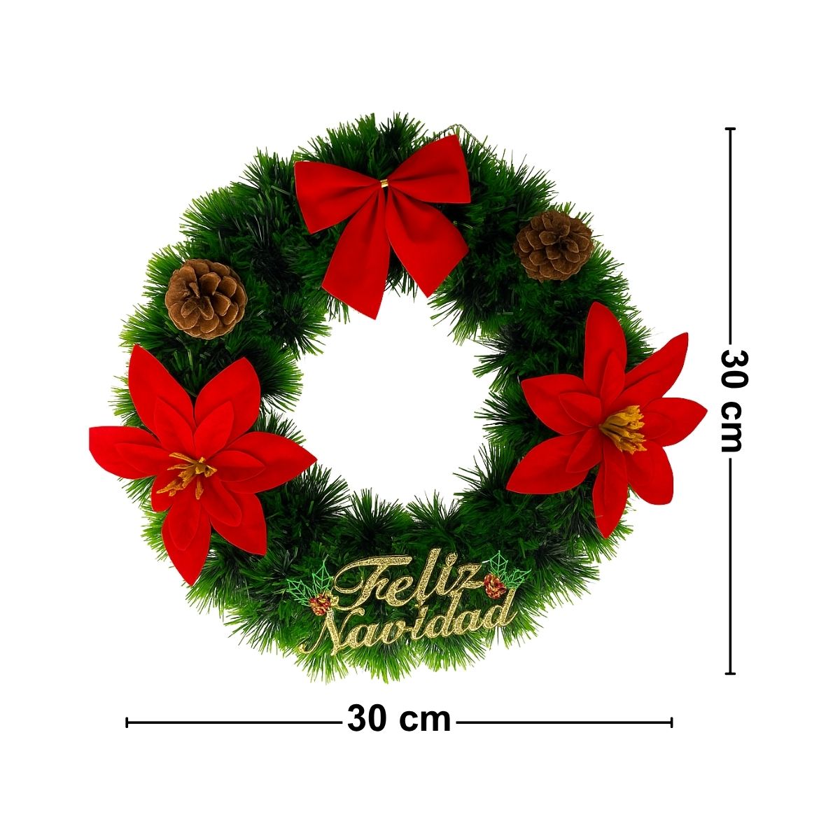 Corona Navideña Verde Con Lazo 30cm Medidas - Louicid