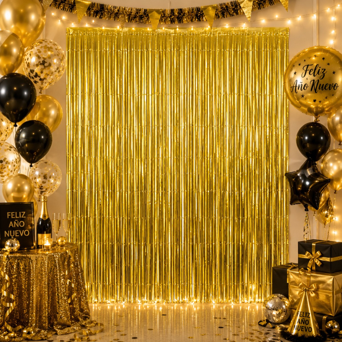 Cortina Metalizada Dorada 240x100cm Celebracion Dorada Feliz Año Nuevo - Louicid
