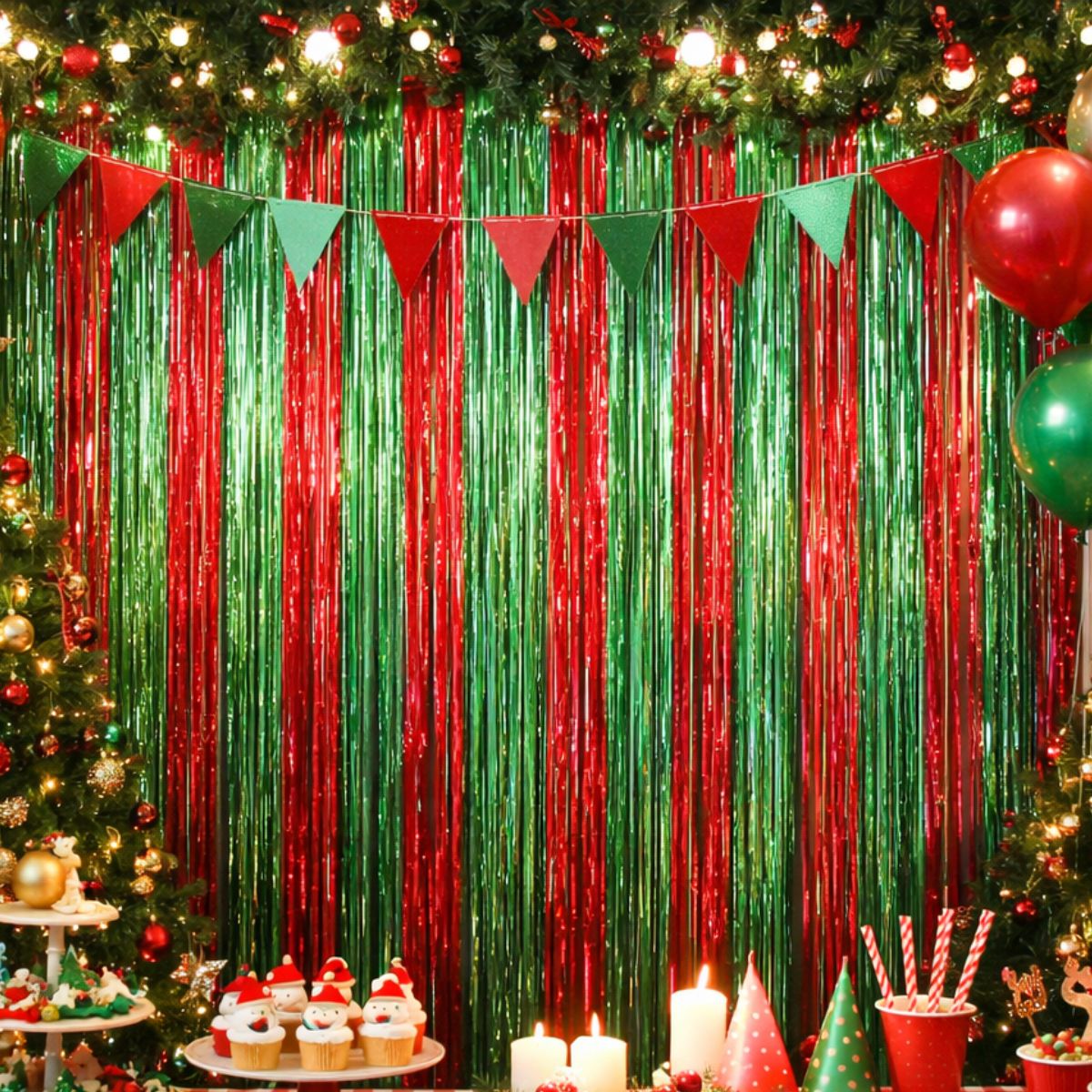 Cortina Navideña Metalizada Rojo Verde 2mts Decoración  - Louicid