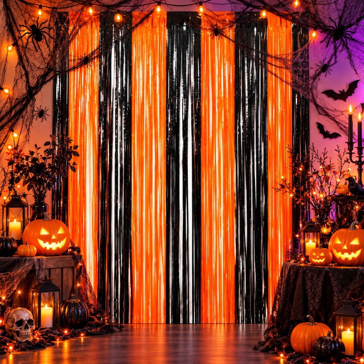 Cortina Negro Naranjo 2 Metros Decoración Halloween - Louicid