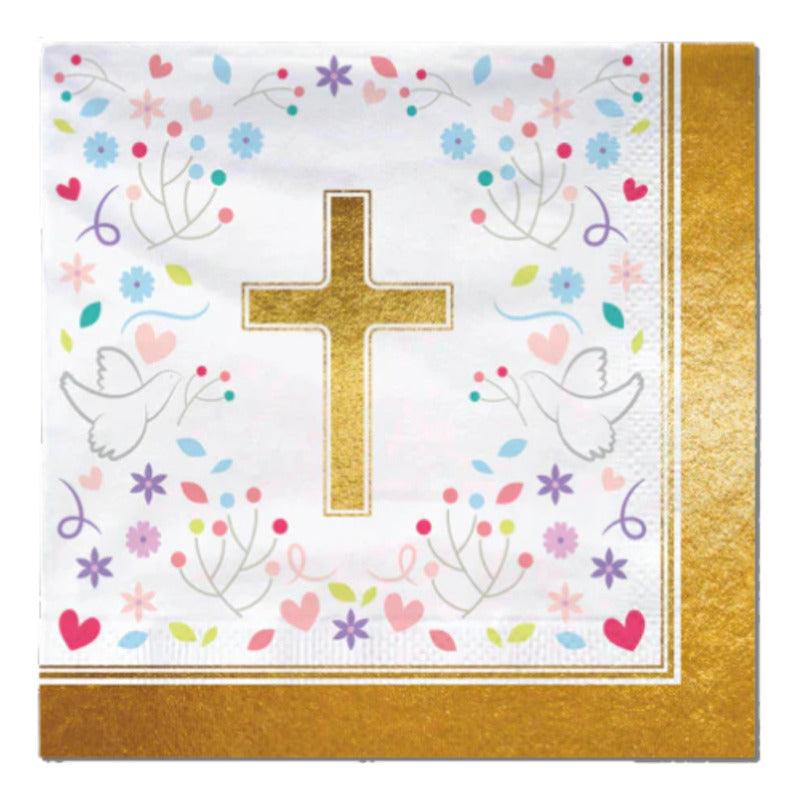 Set 12 Servilletas Religioso Cruz Dorada Primera Comunión - Louicid