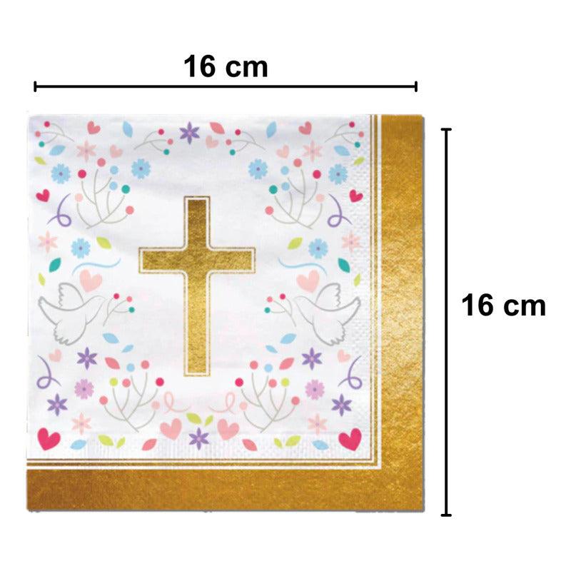 Set 12 Servilletas Religioso Cruz Dorada Primera Comunión - Louicid
