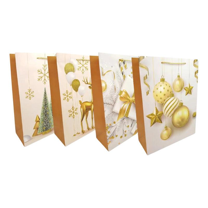 Bolsa Para Regalo Dorado Grande 32x26x10cm Diseño Navidad - Louicid