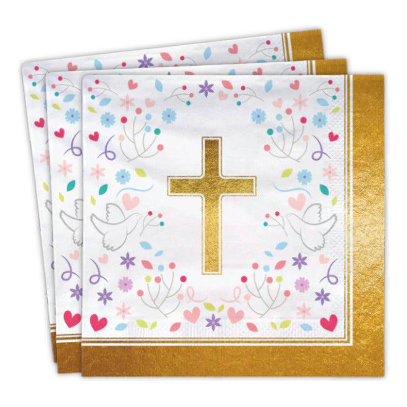 Set 12 Servilletas Religioso Cruz Dorada Primera Comunión - Louicid