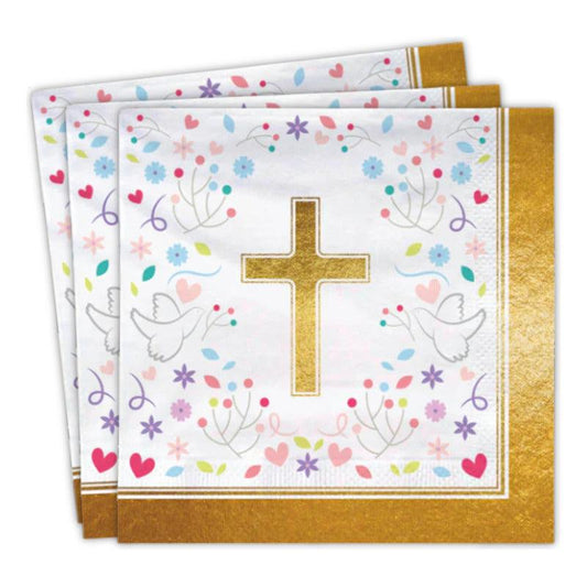 Set 12 Servilletas Religioso Cruz Dorada Primera Comunión - Louicid