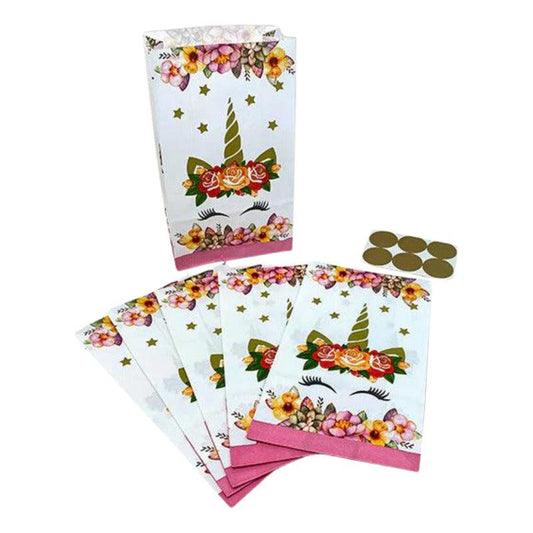 Set 6 Bolsas De Papel Para Dulces Unicornio Flor Cumpleaños