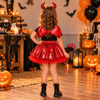 Disfraz Diabla Niña Rojo 4 Piezas Fiesta Halloween Espalda - Louicid