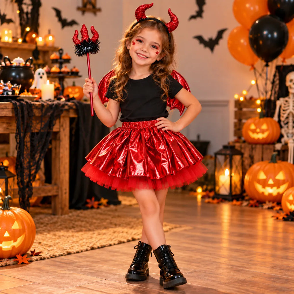 Disfraz Diabla Niña Rojo 4 Piezas Fiesta Halloween - Louicid