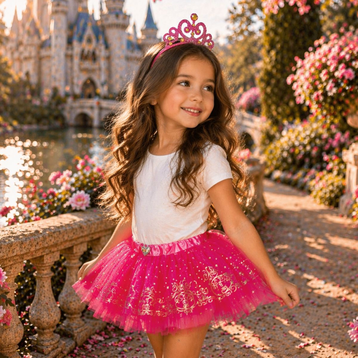 Disfraz Princesa Disney Falda Con Cintillo Corona Fucsia Fantasia - Louicid