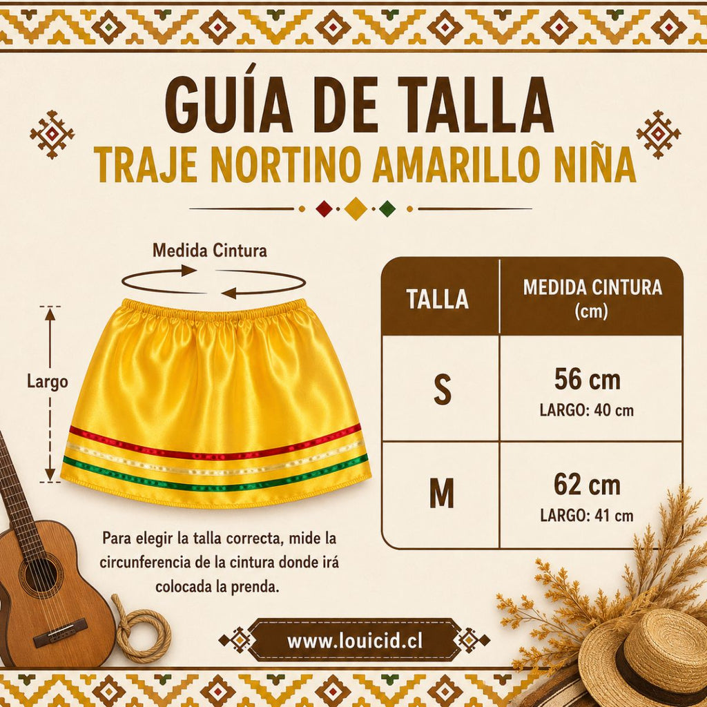 Guia de Talla Traje Nortino Amarillo Niña 3 Piezas Sombrero - Louicid
