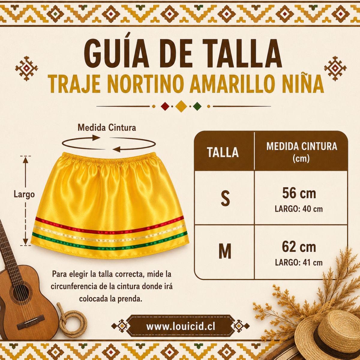 Guia de Talla Traje Nortino Amarillo Niña 3 Piezas Sombrero - Louicid