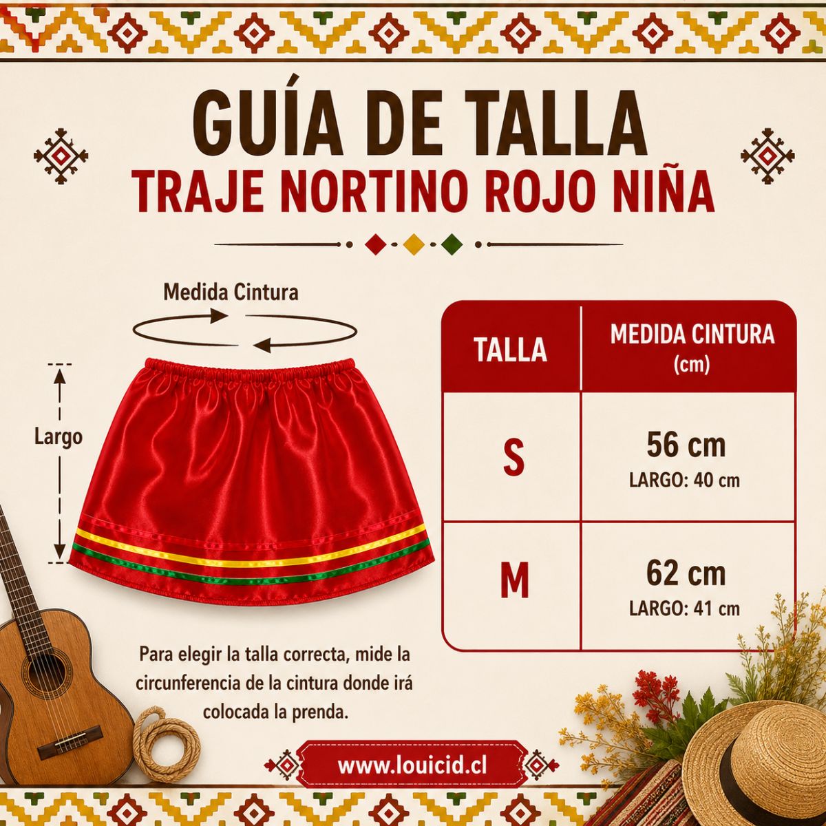 Guia de talla Traje Nortino Rojo Niña 3 Piezas - Louicid