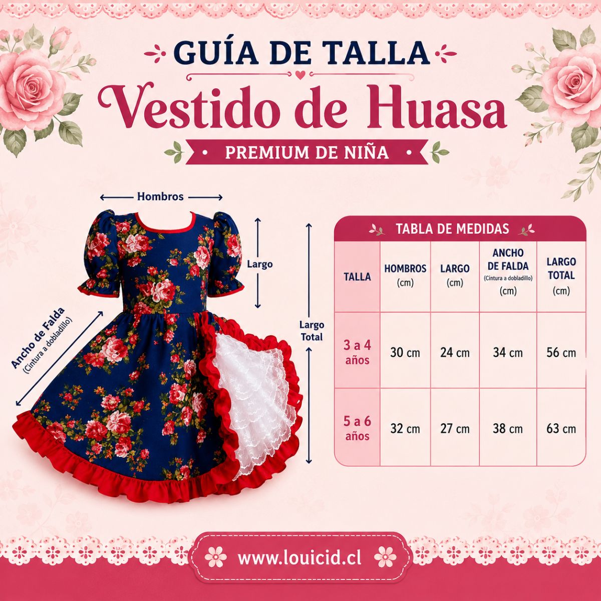 Guia de Talla Traje Huasa Premium Niña Azul - Louicid
