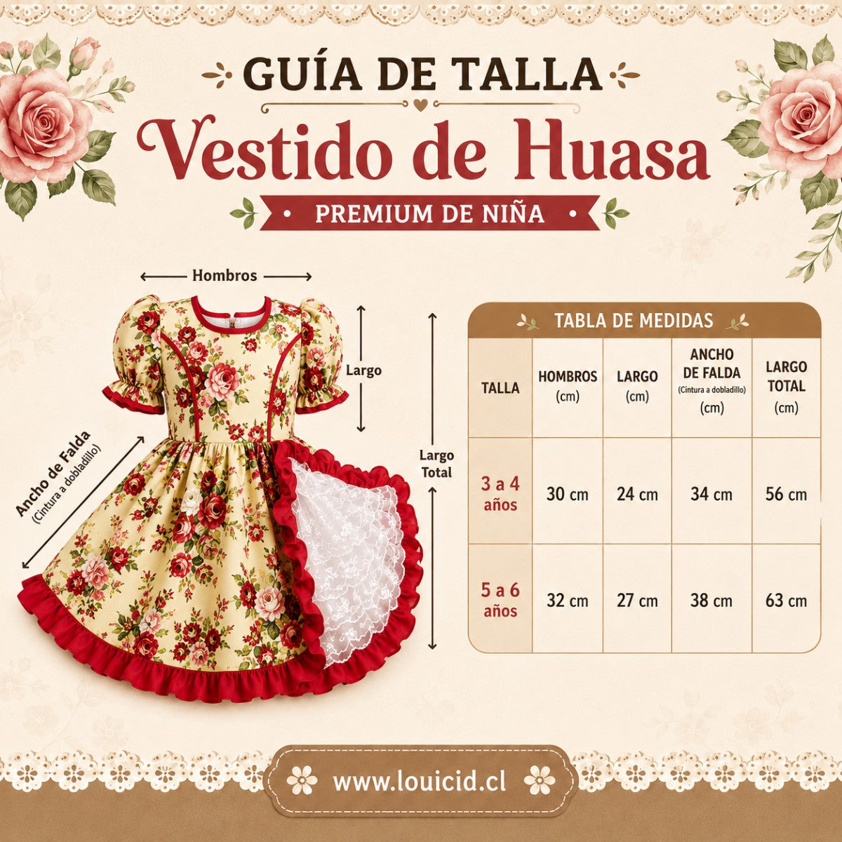 Guia de Talla Traje Huasa Premium Niña Beige Fiestas Patrias - Louicid