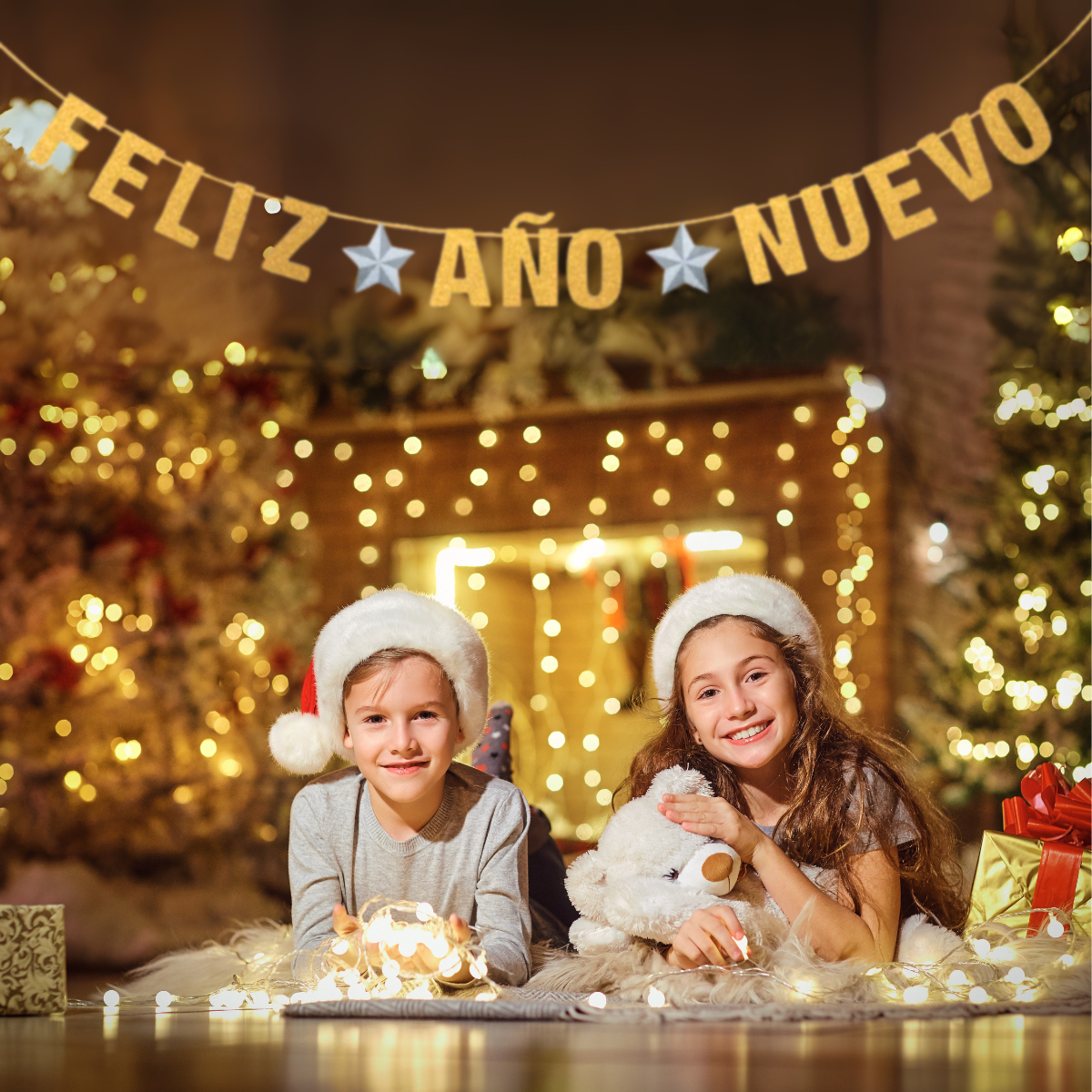 Guirnalda Letras Feliz Año Nuevo Estrellas con niños - Louicid
