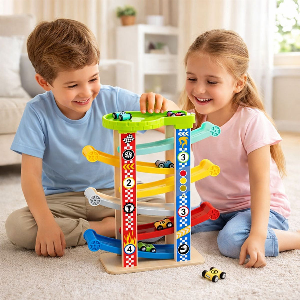 Pista de Autos Torre Deslizante de Madera 6 Niveles Niños Jugando - Louicid