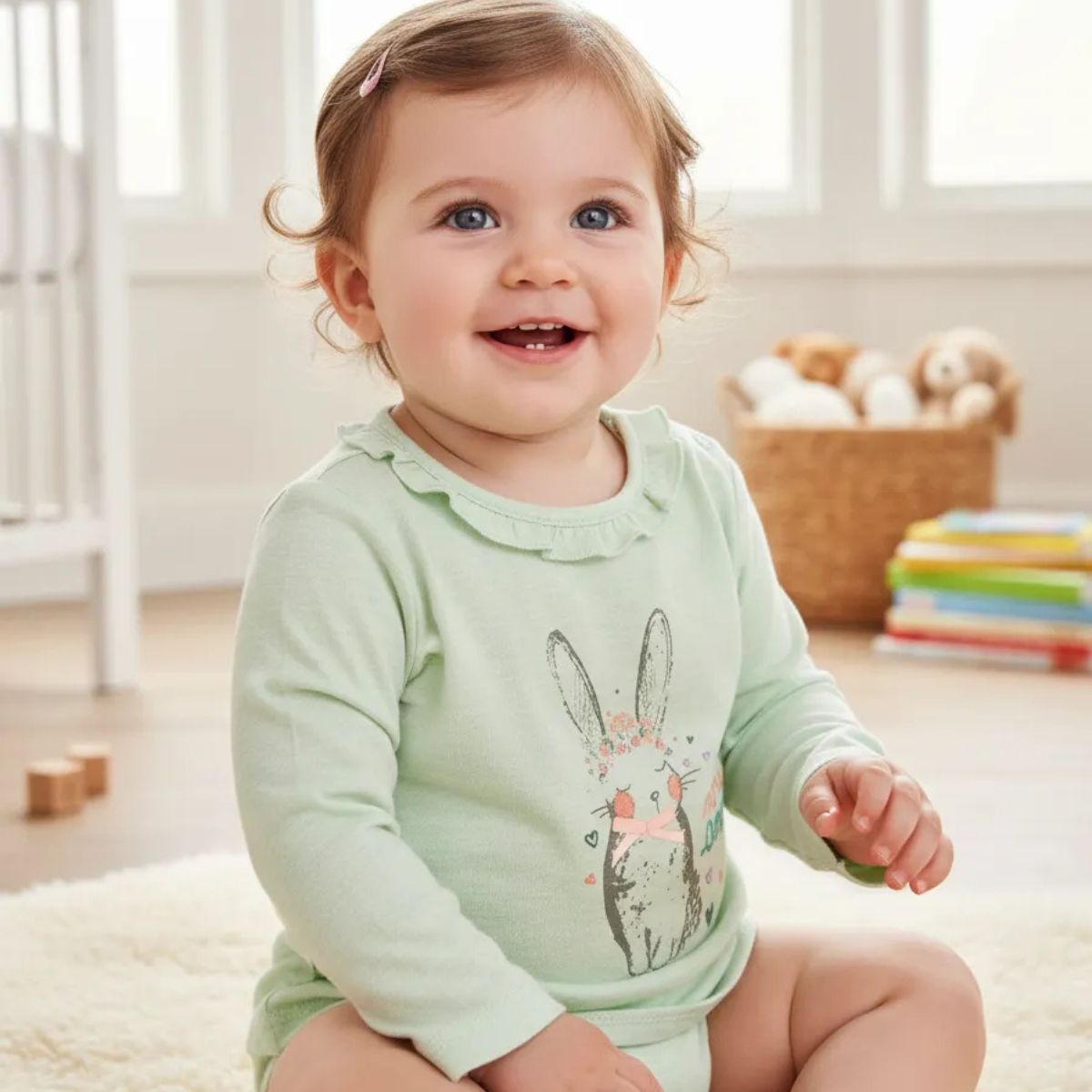 Polera De Bebé Niña Manga Larga Conejo Celeste Agua - Louicid