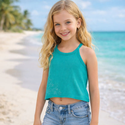 Polera Niña Sin Manga Encaje Turquesa Playa - Louicid