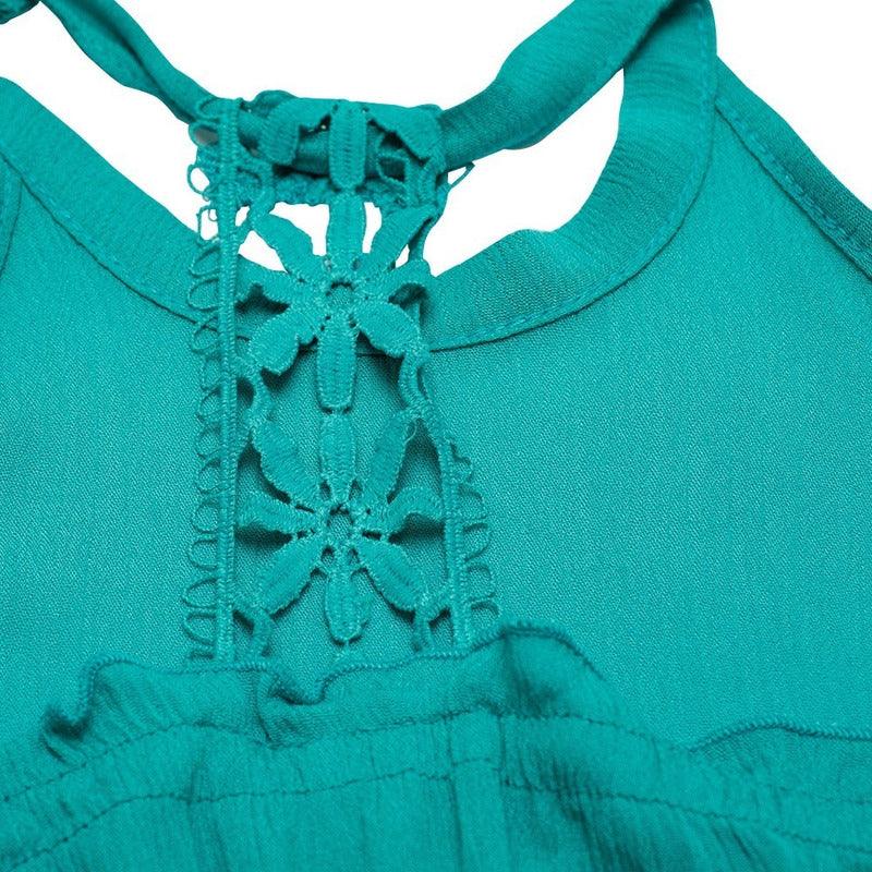Polera De Niña Sin Manga Con Cinta De Encaje Turquesa Reverso Detalle - Louicid