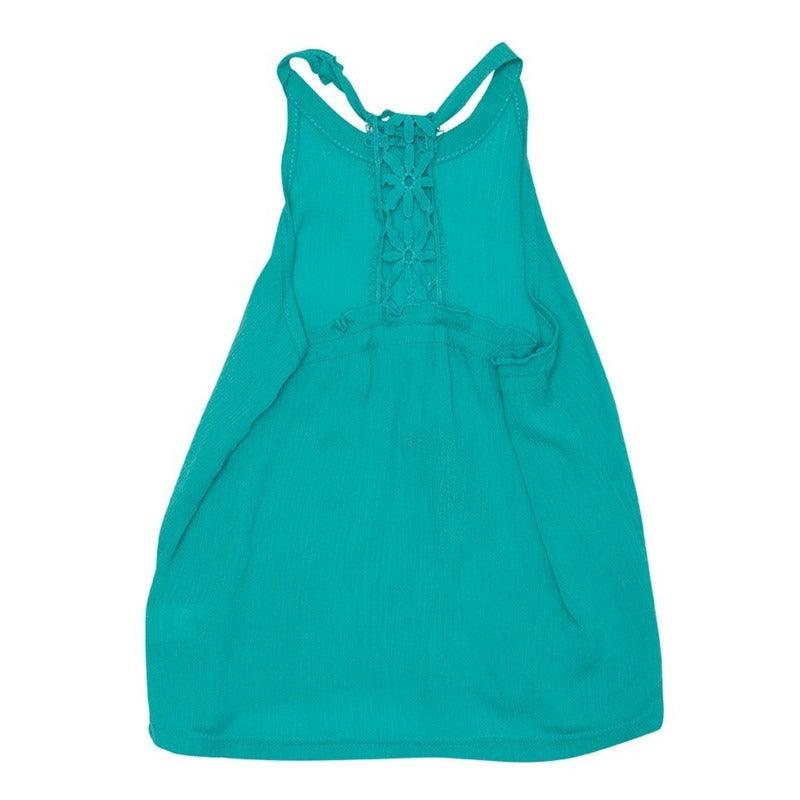 Polera De Niña Sin Manga Con Cinta De Encaje Turquesa Reverso - Louicid