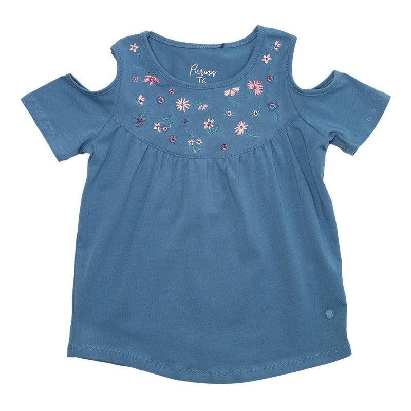Polera De Niña Bordado Flores Manga Corta - Louicid