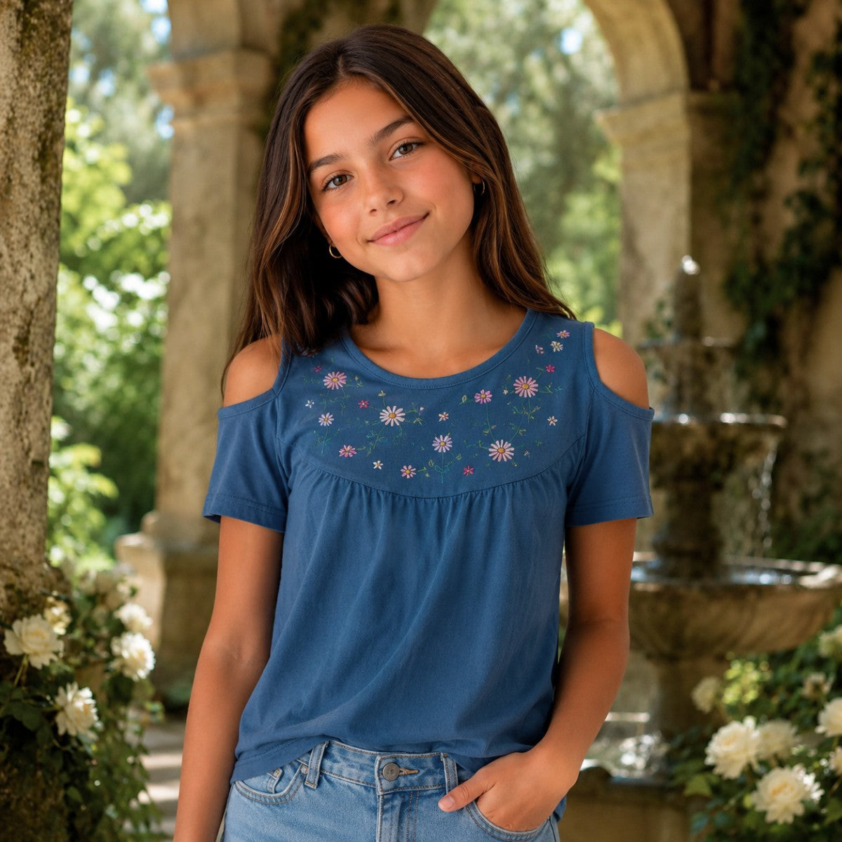Polera Niña Bordada Flores Azul Piedra - Louicid