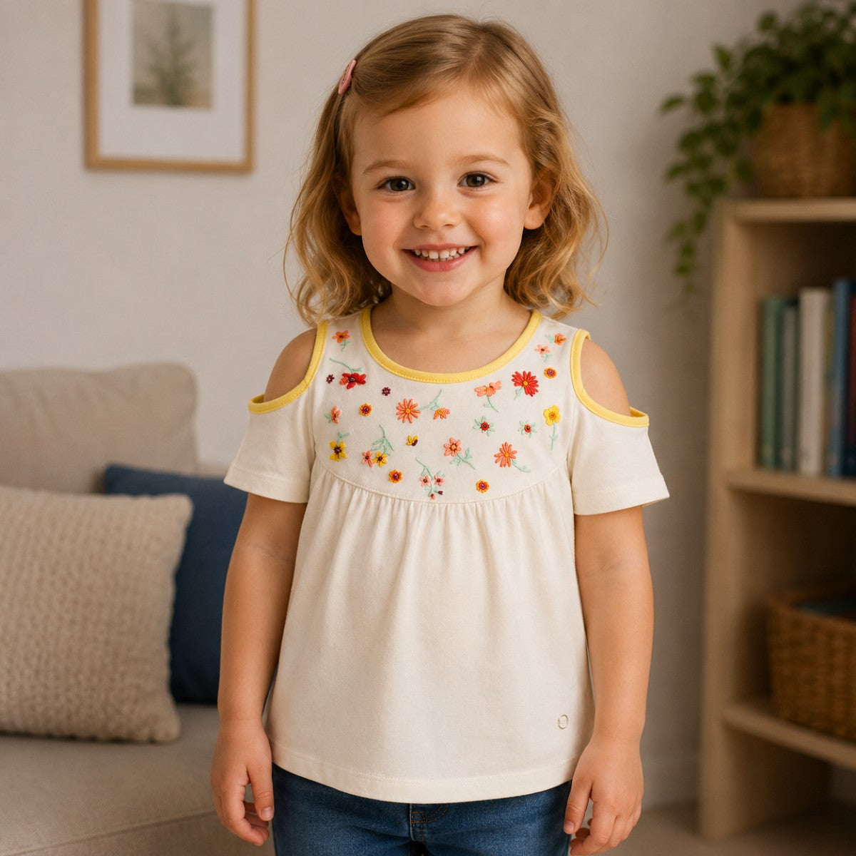 Polera Niña Bordada Flores Blanco Hogar - Louicid