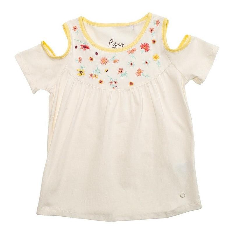 Polera De Niña Bordado Flores Manga Corta - Louicid