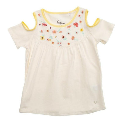 Polera De Niña Bordado Flores Manga Corta - Louicid