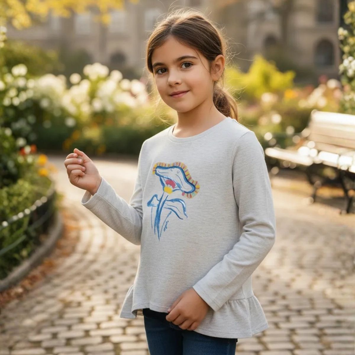 Polera Niña Manga Larga Gris Claro Parque - Louicid