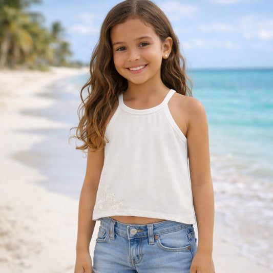 Polera Niña Sin Manga Encaje Blanco Playa - Louicid