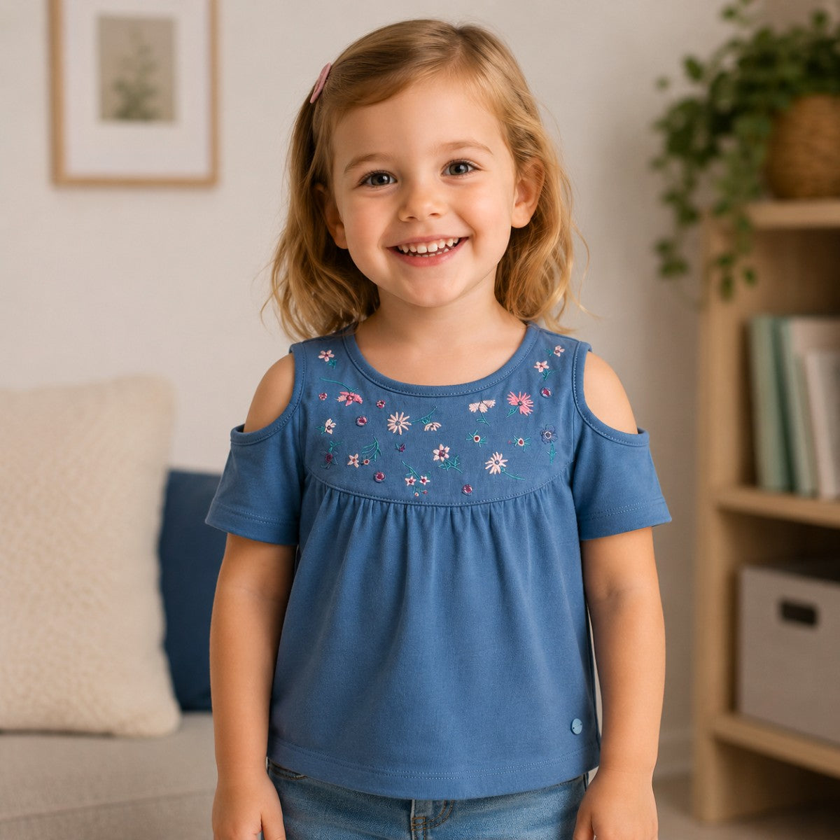 Polera Bebé Niña Bordada Flores Azul Piedra - Louicid