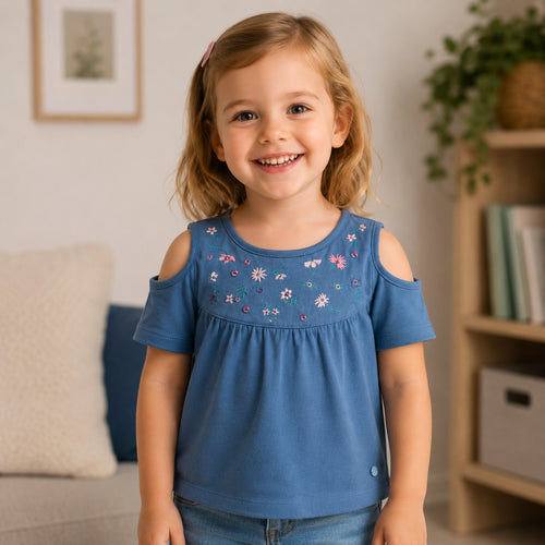 Polera Bebé Niña Bordada Flores Azul Piedra - Louicid