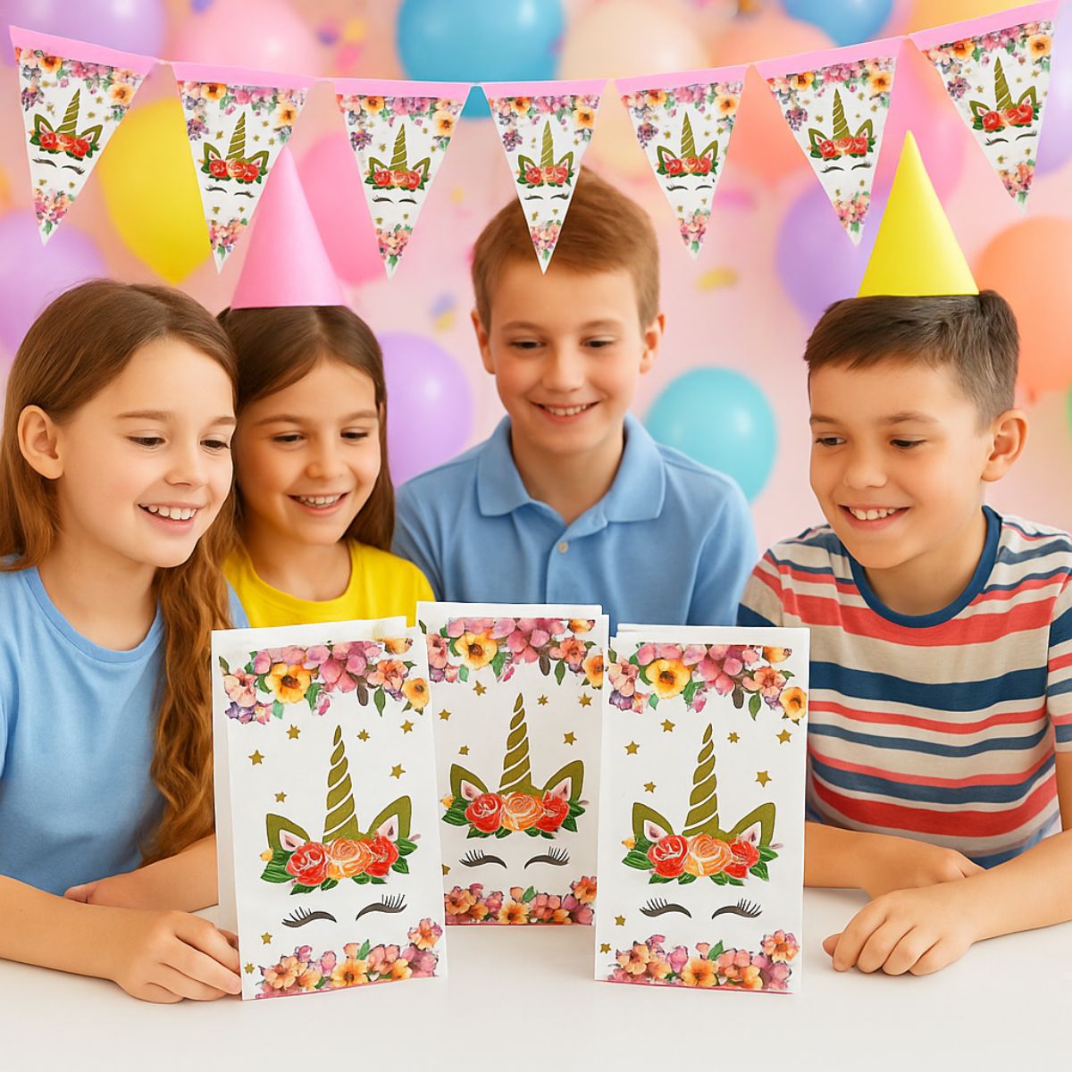 Set 6 Bolsas De Papel Unicornio Flor - Louicid