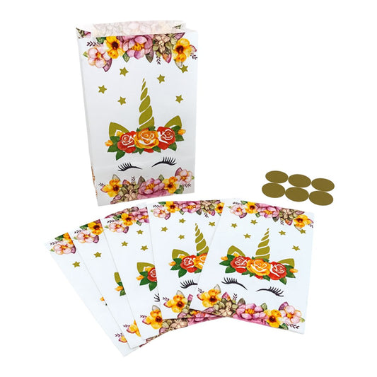 Set 6 Bolsas De Papel Para Dulces Unicornio Flor Cumpleaños - Louicid